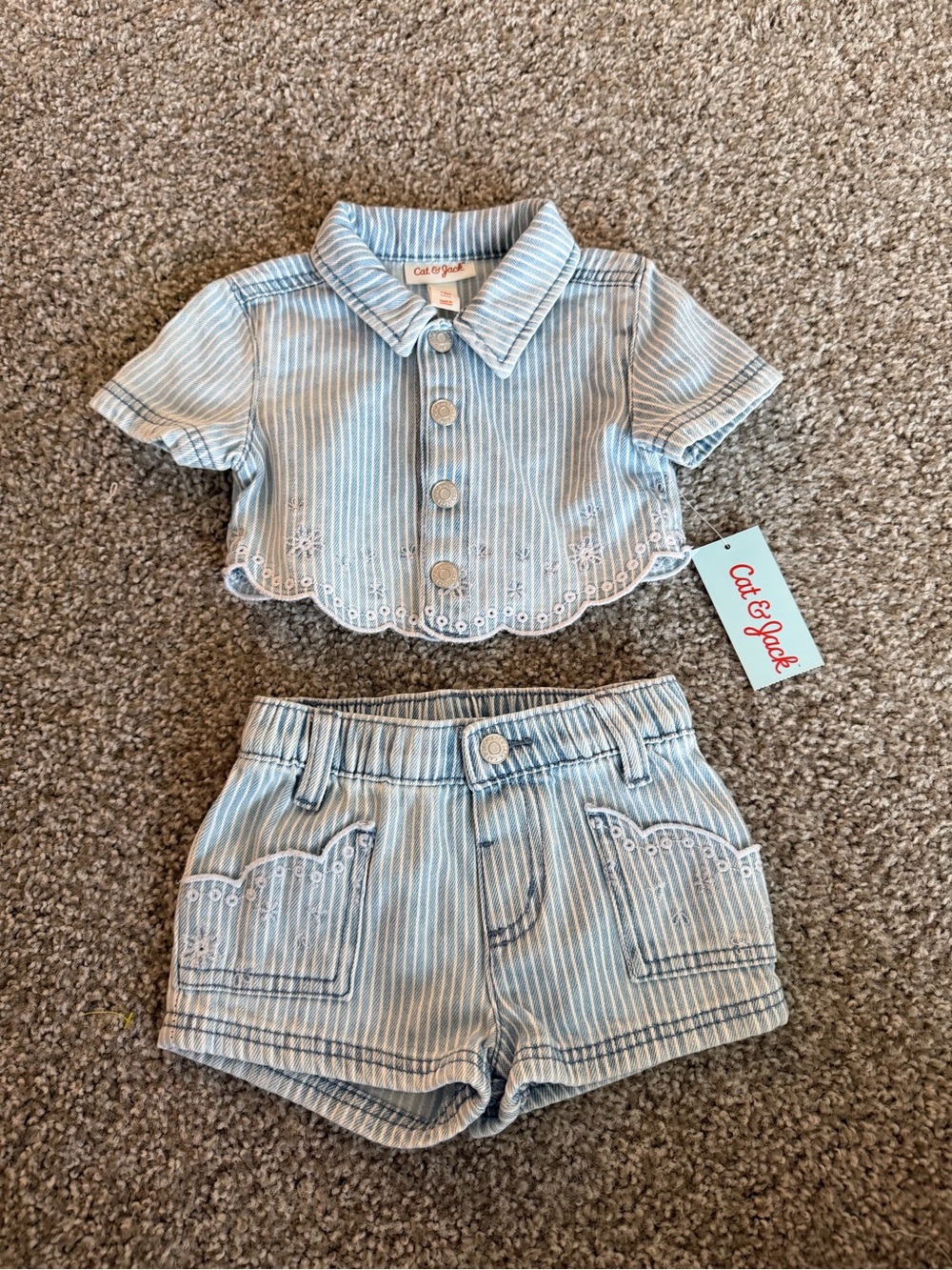 Cat & Jack Light Blue and White Striped Girls' Two-Piece Shorts Set Denim 12M